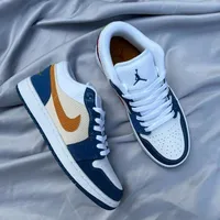 Nike Air Jordan 1 Low Style Sneakers - Vibrant Blue White Textured with Orange Swoosh, Premium Casual Fashion Footwear for Men and Women Trainers - View 3