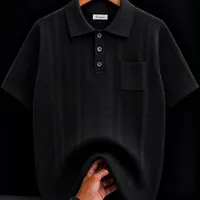Men's Premium Olive Green Knitted Ribbed Polo Shirt - Short Sleeve, Breathable, Elegant Casual Wear - View 3