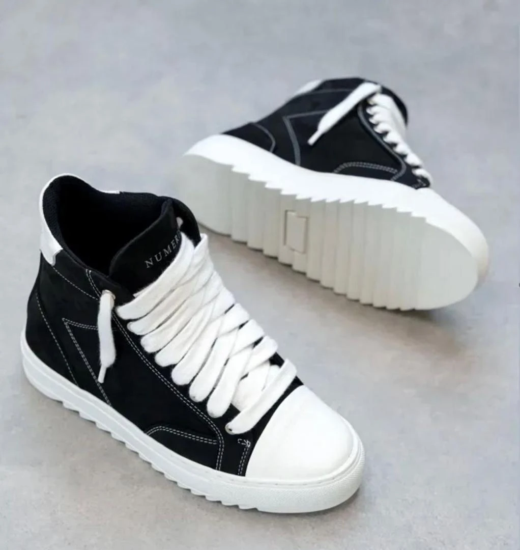 Trendy Numeris Atelier High-Top Sneakers Black and White with Chunky Serrated Sole and Wide Laces