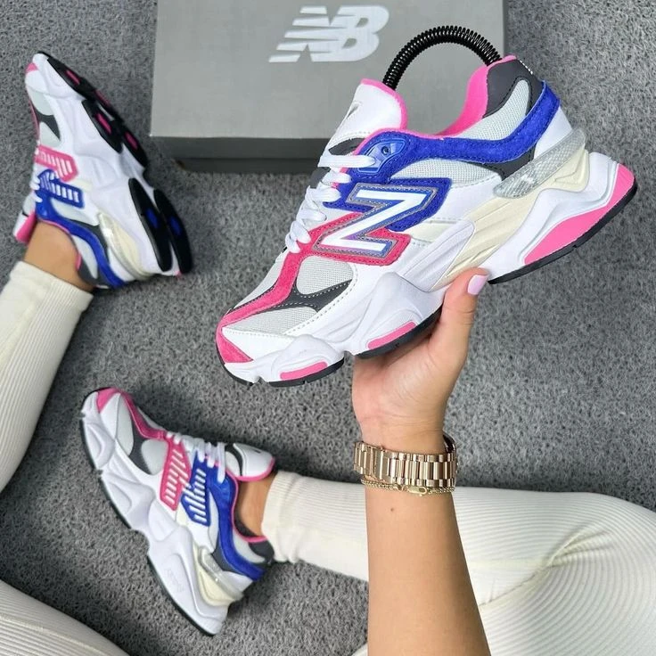 Women's New Balance 9060 Vibrant Chunky Sneakers - White, Hot Pink & Royal Blue Athletic Lifestyle Trainers for Everyday Style & Comfort - Main View