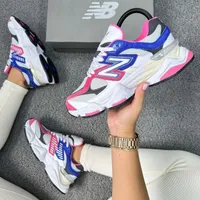 Women's New Balance 9060 Vibrant Chunky Sneakers - White, Hot Pink & Royal Blue Athletic Lifestyle Trainers for Everyday Style & Comfort - View 1