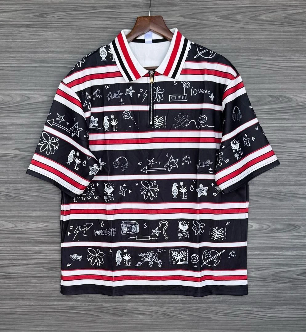 Unisex Trendy Black & Red Striped Quarter-Zip Polo Shirt with Unique Doodle Graphics - Short Sleeve Casual Fashion Top