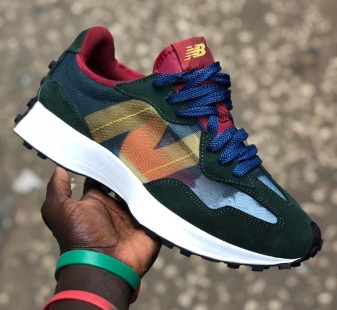 New Balance 327 Retro Lifestyle Sneakers - Green, Blue Red Multicolor Suede Mesh Trainers - Main View