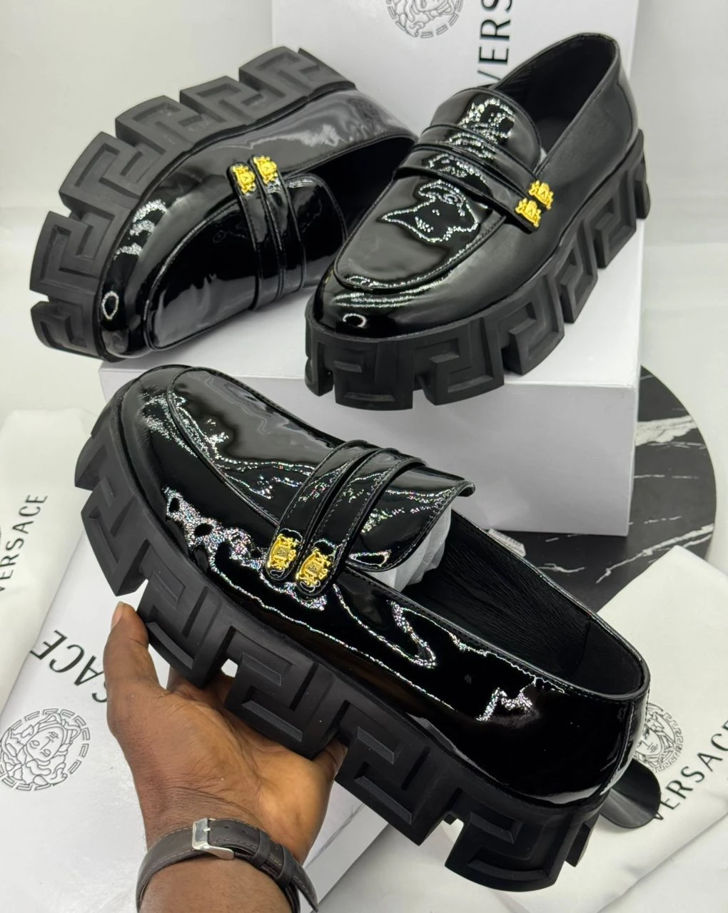Men's Versace Medusa Black Patent Leather Chunky Platform Loafers – Bold Greek Key Sole Slip-On Dress Shoes for events and celebrations 