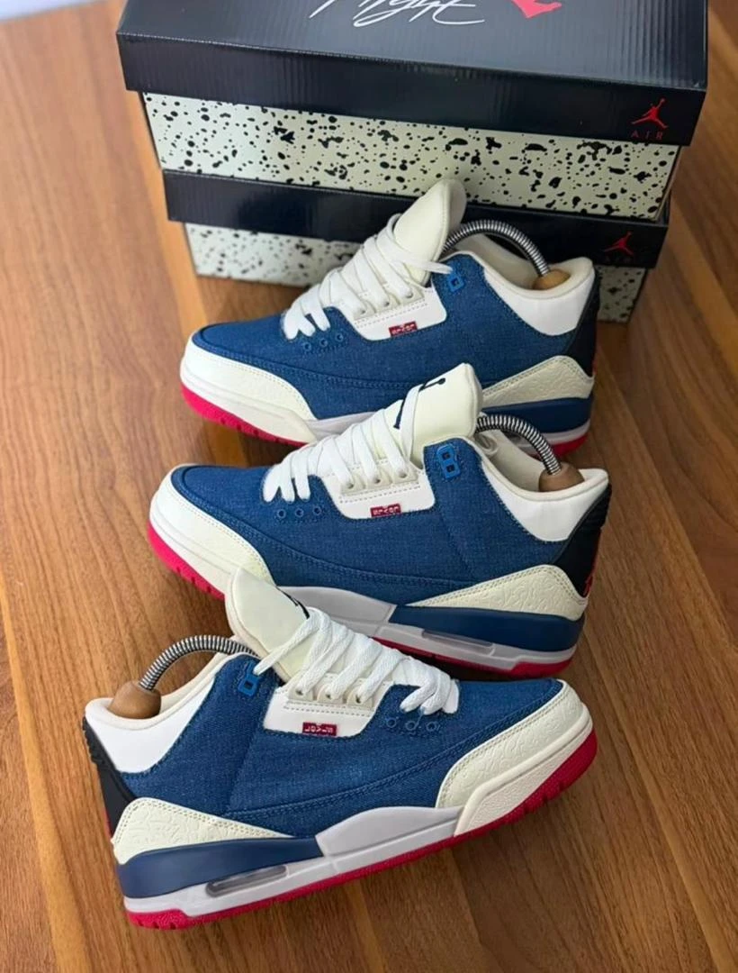 Nike Air Jordan 3 Retro x Levi's Denim Sneakers - Iconic Blue Cream Kicks with Vibrant Red Outsole for Premium Street Style - Main View