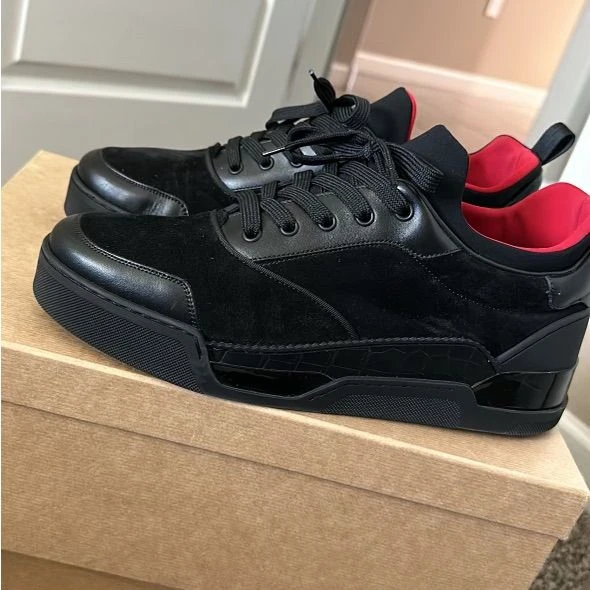 Men's Premium Black Suede Leather Low-Top Sneakers with Red Lining - Quality Croc-Embossed Fashion Trainers - Main View