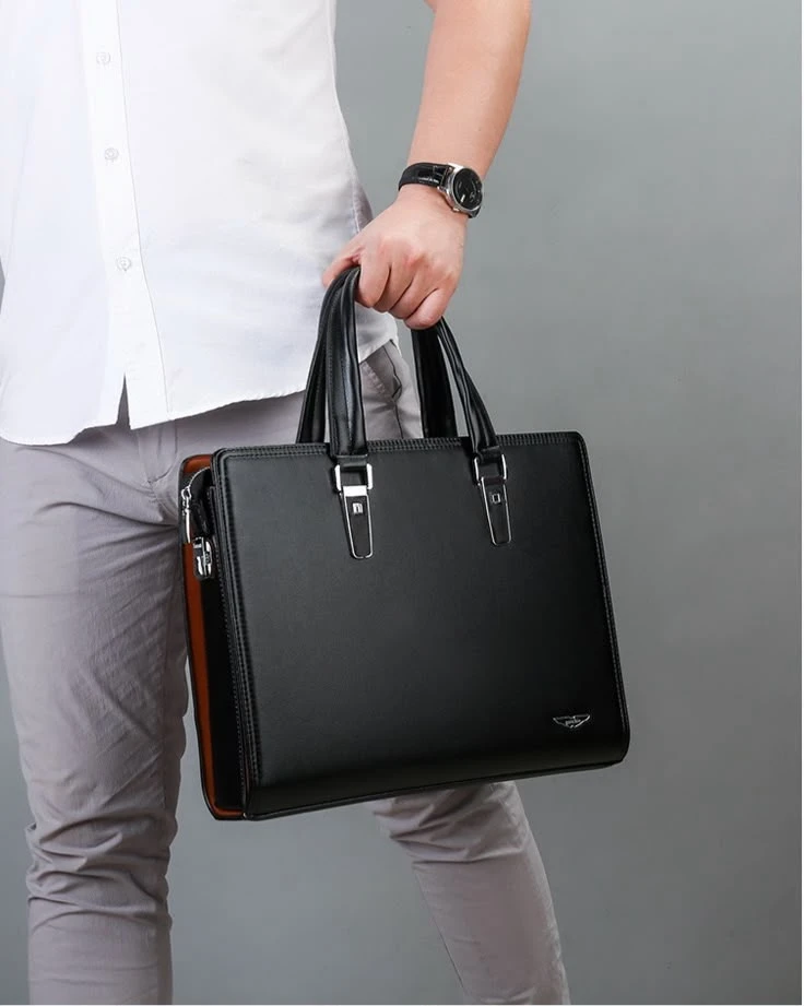 Men's Premium Black and Brown Business Briefcase – Sleek Faux Leather Laptop Bag with Professional Tan Accents  Durable Design for the Modern Executive