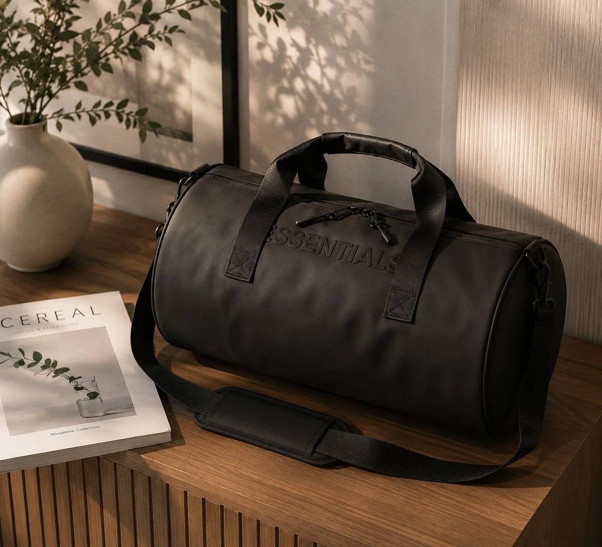 Small size Essentials Rounded Duffel Bag with Detachable Shoulder Strap – Sleek Durable Gym Travel Sport Carry-All - Main View