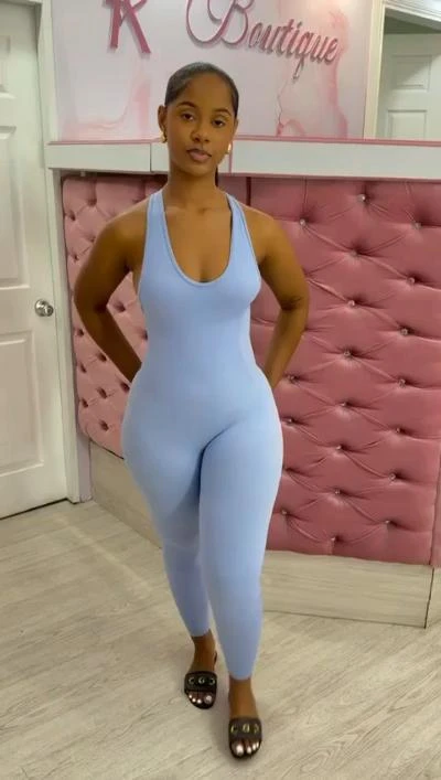Women's Light Blue Ribbed Sleeveless Bodycon Jumpsuit - Comfortable & Stylish Full-Length Athleisure Romper for Everyday Ghanaian Fashion - Main View