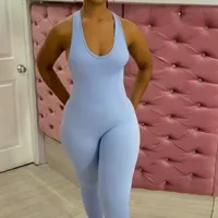 Women's Light Blue Ribbed Sleeveless Bodycon Jumpsuit - Comfortable & Stylish Full-Length Athleisure Romper for Everyday Ghanaian Fashion - View 1