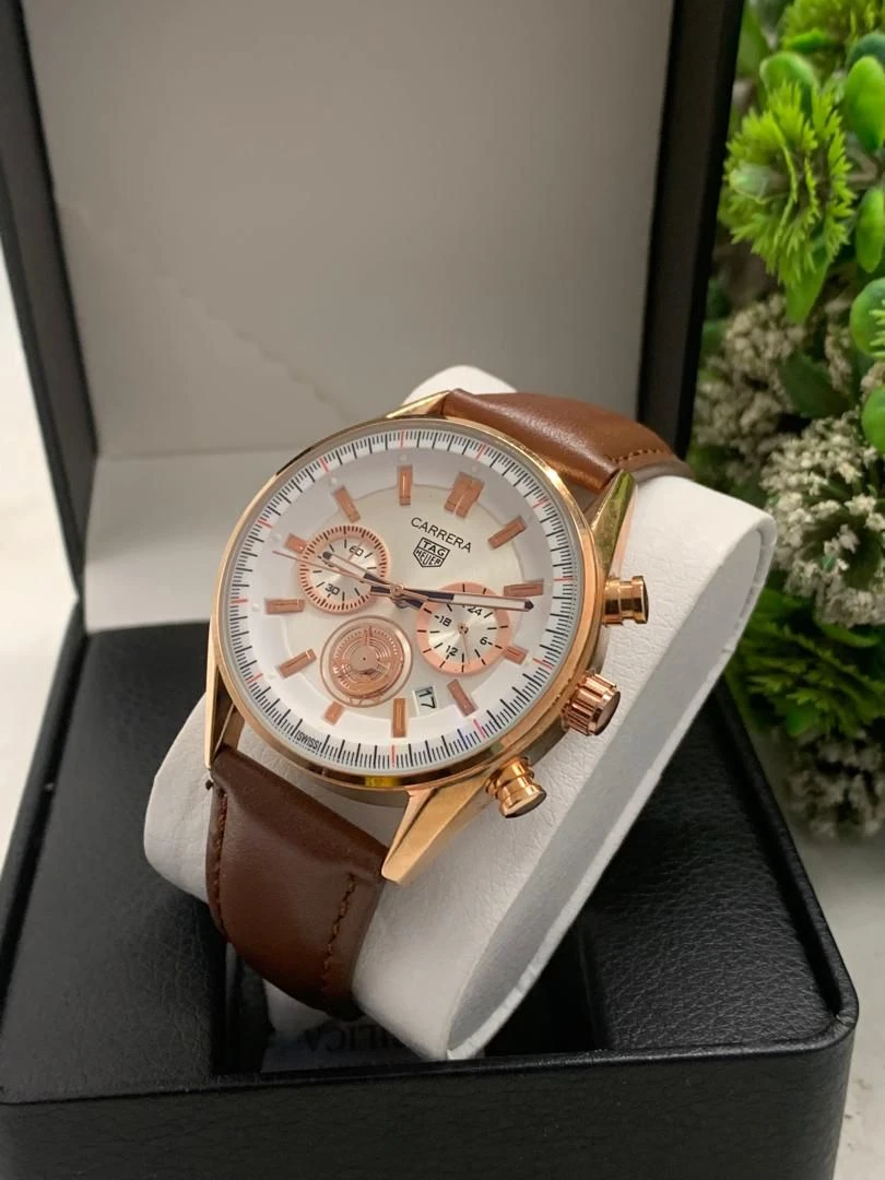 Men's Luxury TAG Heuer Carrera Rose Gold Chronograph Watch - Premium Brown Genuine Leather Strap, White Dial and Elegant Analog Design - Main View