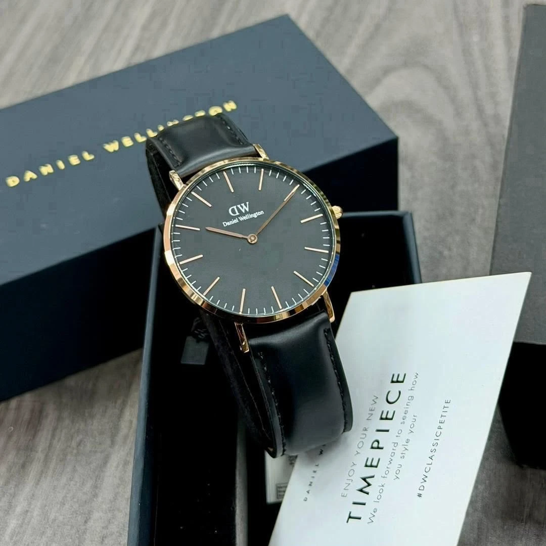 Daniel Wellington Classic Petite Men's Watch - Elegant Black Dial, Gold-Tone Case Premium Black Leather Strap Timepiece for Men - Main View