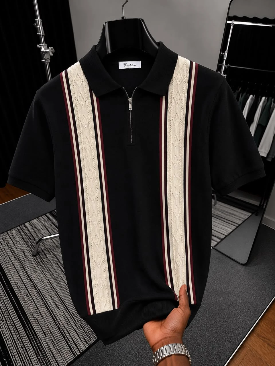 Men's Black Knitted Polo Shirt, Short Sleeve with Zipper, Cream & Maroon Vertical Cable Stripes - Smart Casual Fashion Top