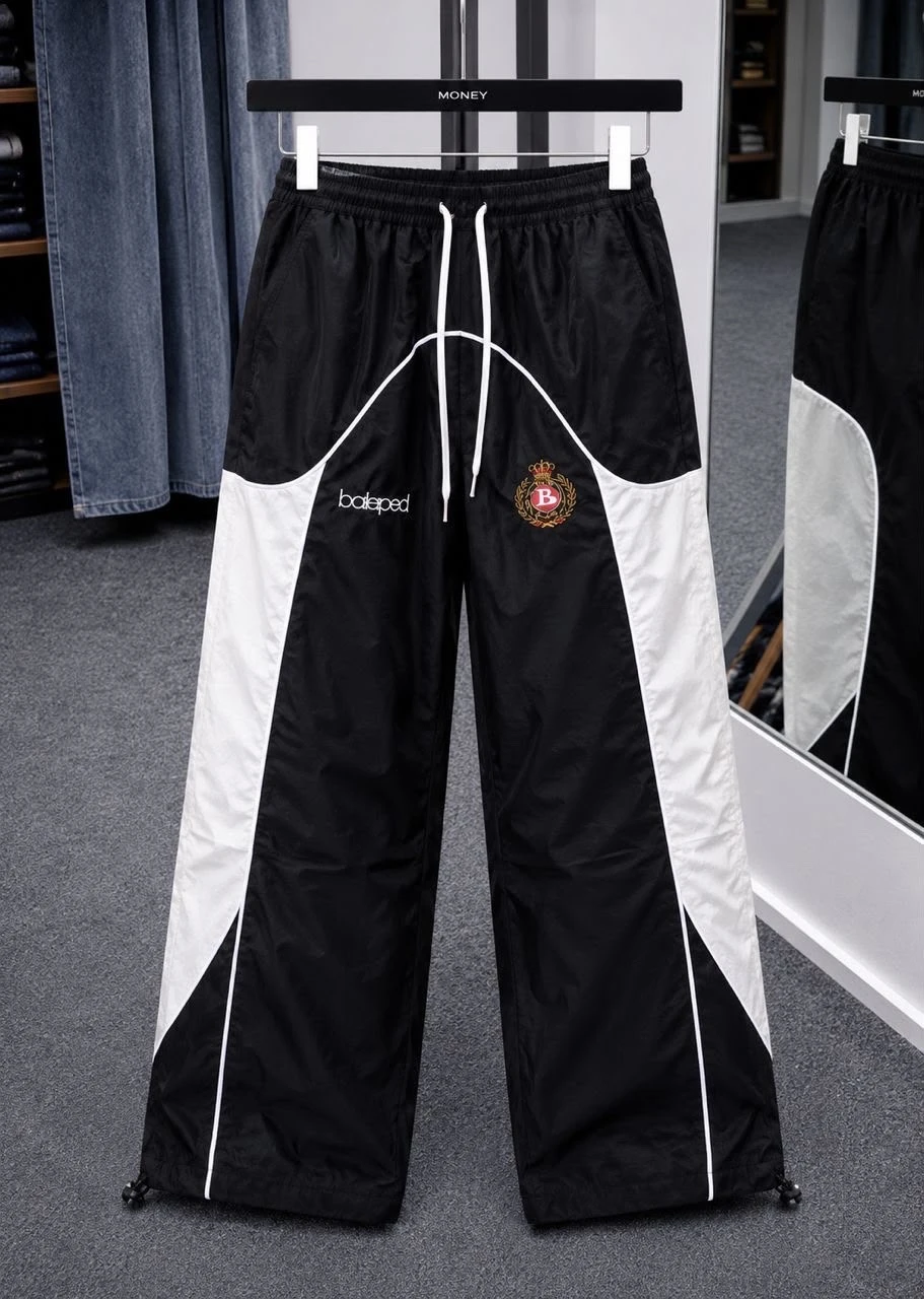Men’s Balaped Black White Relaxed Fit Drawstring Track Pants with Crest Logo - Stylish Streetwear Joggers for Comfort