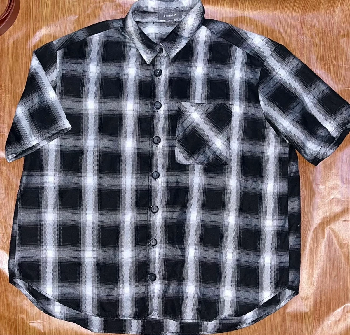 Women’s Primark Classic Black  White Plaid Short Sleeve Shirt - Trendy Button-Up Casual Checkered Top for Everyday Wear