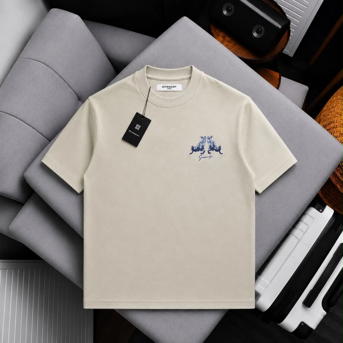 Men's Paris Beige, White and White Top Luxury Cotton Graphic T-Shirt with Stylized Animal Print – Premium Designer Short Sleeve Tee for Everyday Style - Main View