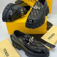 Men's Black Patent Leather Chunky Platform Loafers with Iconic Monogram FF Design and Gold Horsebit Buckle - View 2