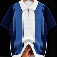 Men's Premium Knitted Vertical Stripe Polo Shirt - Breathable Short Sleeve Button-Placket Top in Olive Cream and Blue - Casual Smart Looks Shirts - View 2