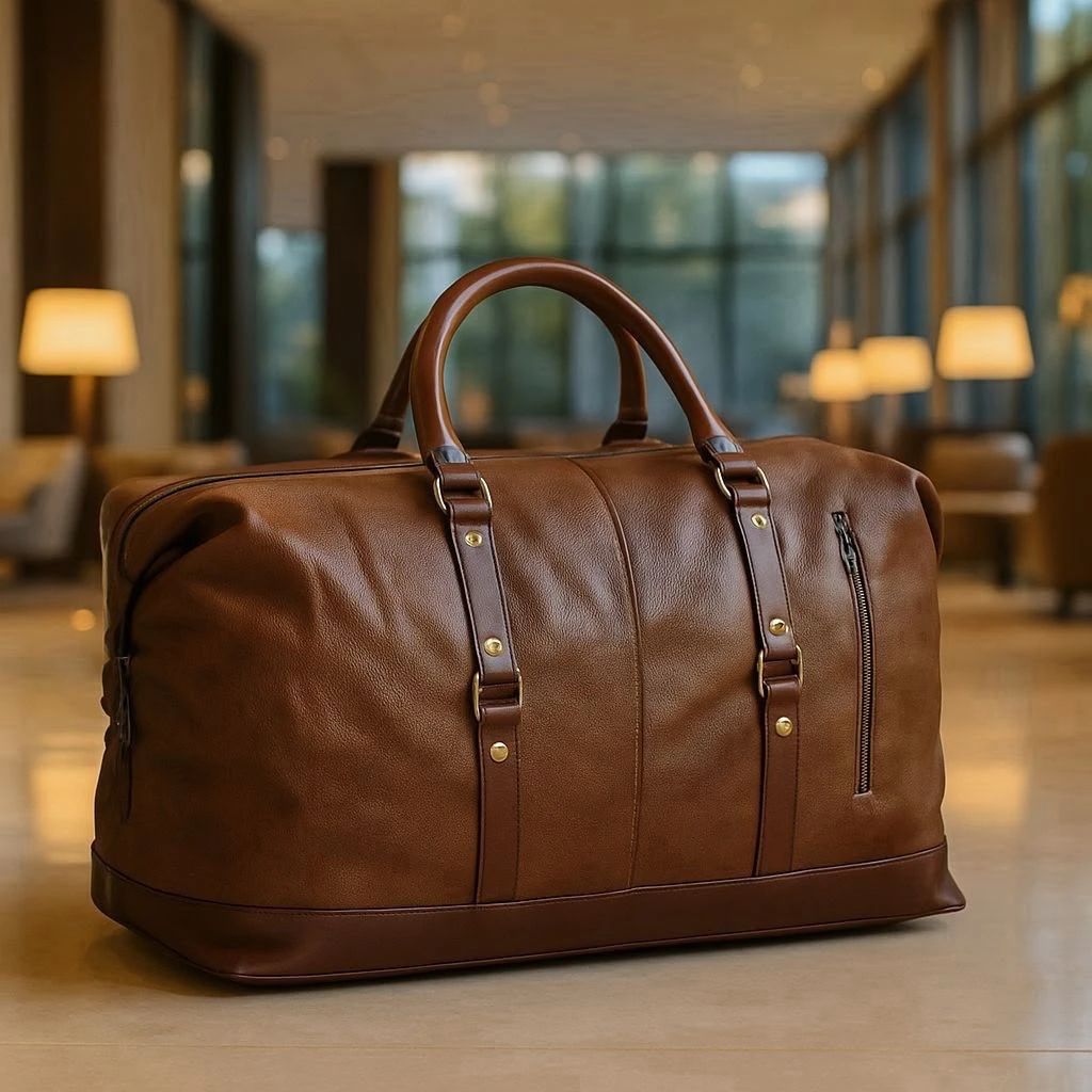 Brown Leather Travel Duffel Bag – Classic Weekender Holdall with Premium Hardware for Travel and Getaways