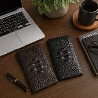 Men's Premium Black Crocodile Texture Leather Long Wallet with Multiple Card Slots & Secure Zipper Pocket - Executive Billfold - View 2
