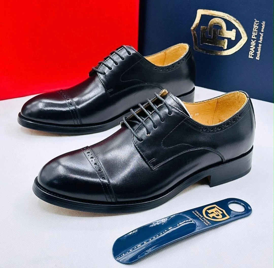 Men's Classic Black Leather Cap-Toe Oxford Dress Shoes - Frank Perry Executive Brogue Style