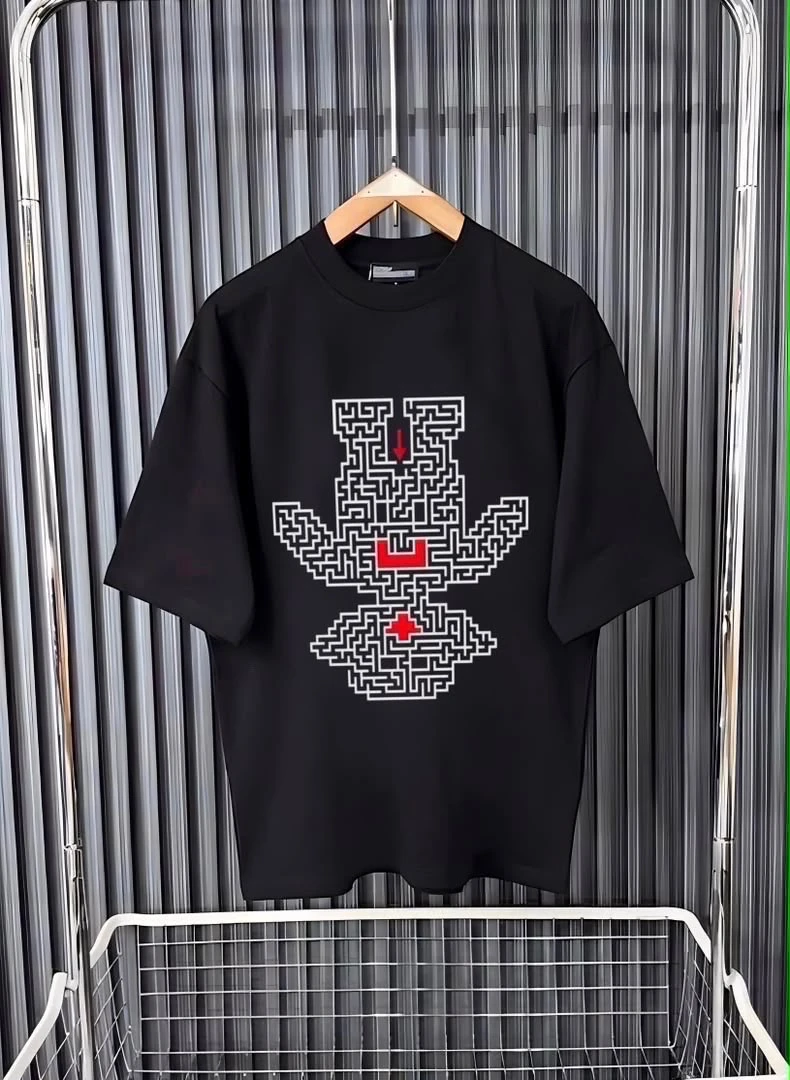Unisex Black Oversized T-Shirt with Unique Maze Graphic Print & Red Accents - Stylish Casual Crew Neck Tee for Modern Streetwear Look - Main View