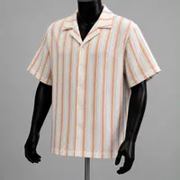 Men's Coastal Vibe Textured Stripe Camp Collar Short Sleeve Shirt - White & Blue Relaxed Summer Top - View 3