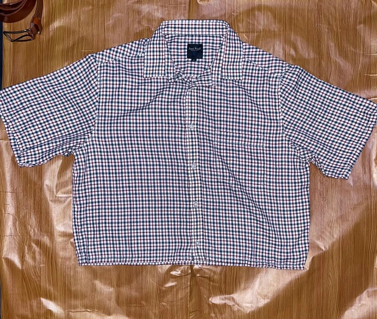 Men's Classic Gingham Check Short Sleeve Shirt - Navy Red White Button-Down Casual Collared Top