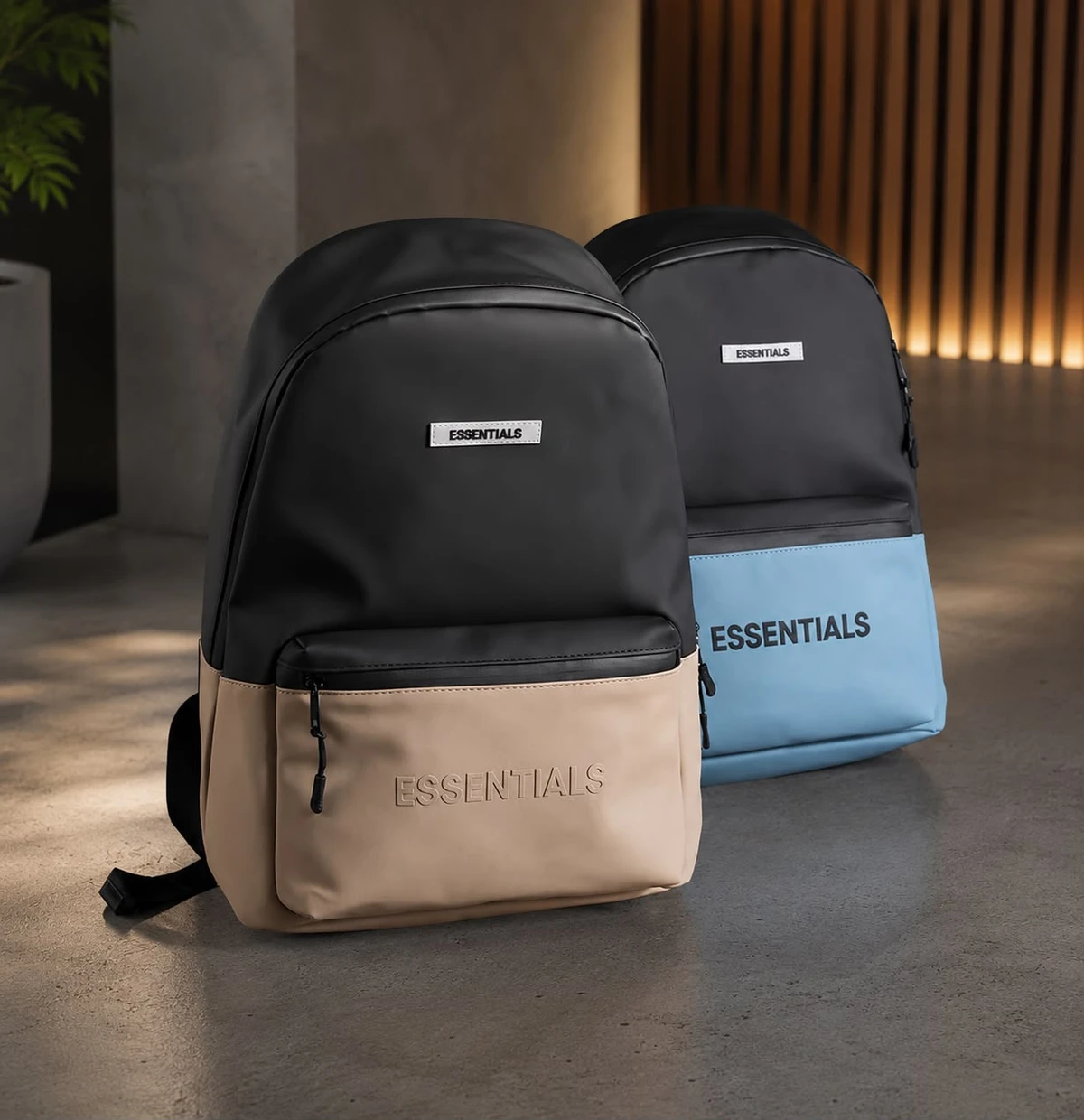 Essentials Two-Tone Backpack Bag - Stylish Black Khaki Blue Travel, School Daily Commute Bag with Large Capacity - Main View