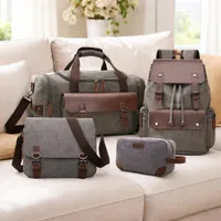  4 in 1 Canvas Travel Bag Set with Leather Accents - 4-Piece Duffel, Backpack, Shoulder Bag or Messenger and Toiletry Bag - View 4