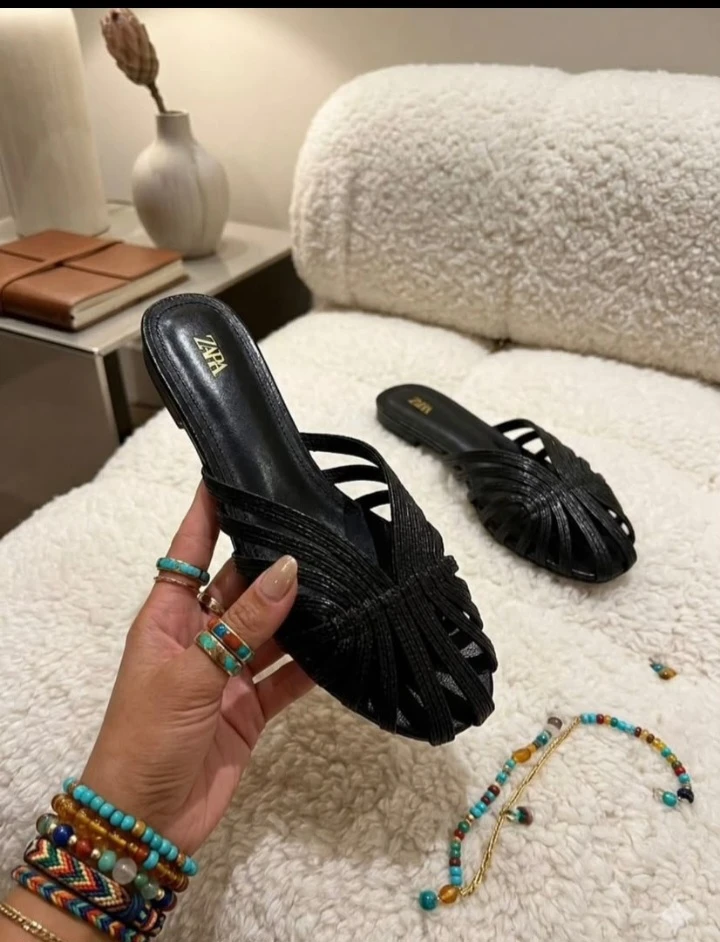 Women's Zara Black Woven Flat Mules - Chic Strappy Slip-On Sandals for Everyday Elegance & Comfort