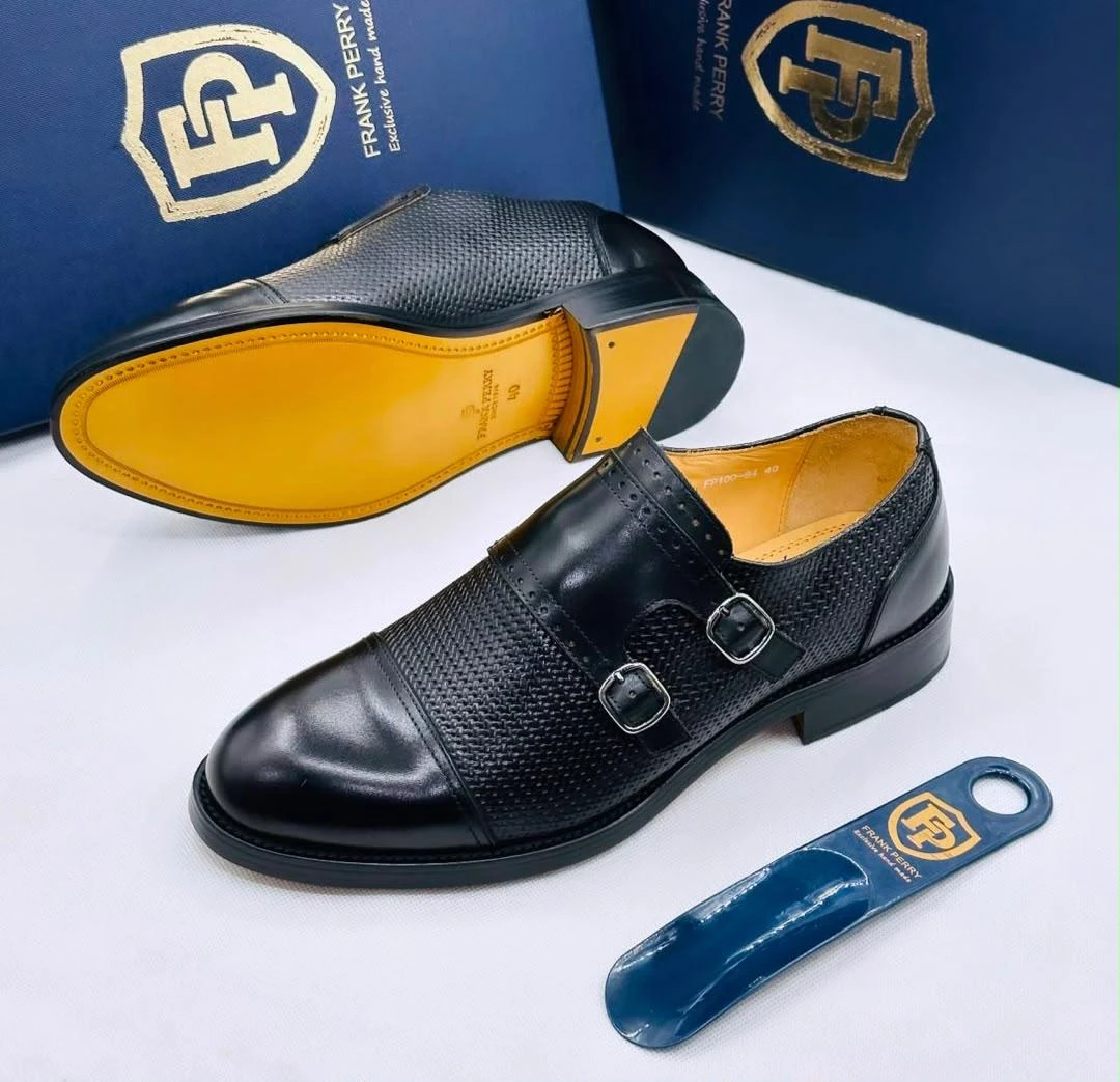 Men's Frank Perry Black Leather Double Monk Strap Dress Shoes - Textured Cap Toe Formal Footwear for Business & Elegant Style