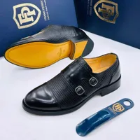 Men's Frank Perry Black Leather Double Monk Strap Dress Shoes - Textured Cap Toe Formal Footwear for Business & Elegant Style - View 2
