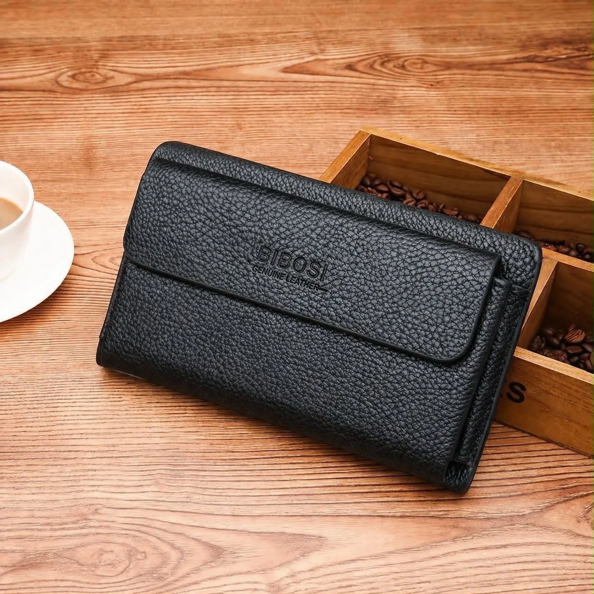 BIBOSI Men's Elegant Black Genuine Leather Long Wallet - Stylish & Durable Flap Clutch for Cards & Cash