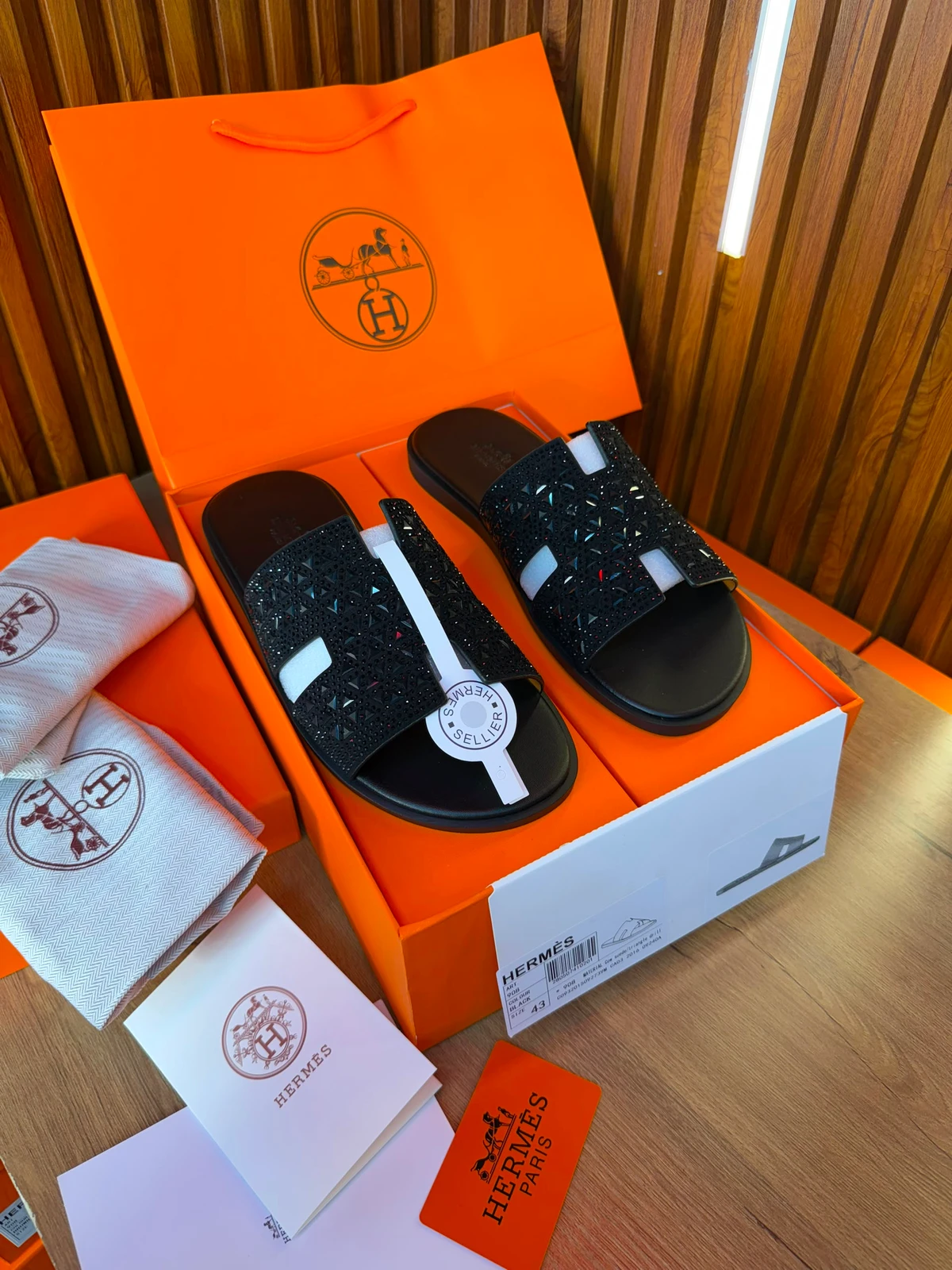 Hermès Women's Black Crystal Embellished H-Strap Slide Sandals - Luxury Designer Footwear for Effortless Style & Comfort