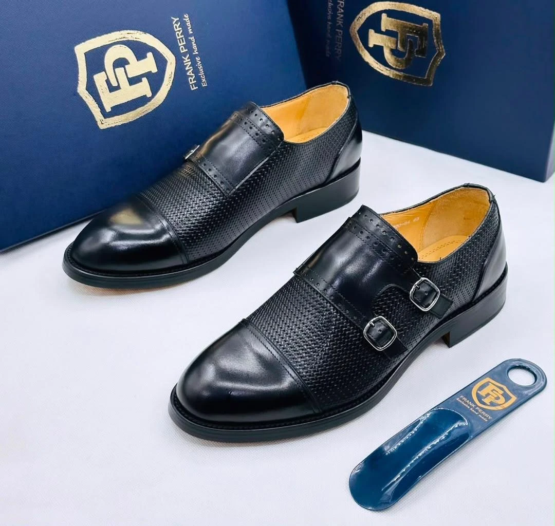 Men's Frank Perry Black Leather Double Monk Strap Dress Shoes - Textured Cap Toe Formal Footwear for Business & Elegant Style