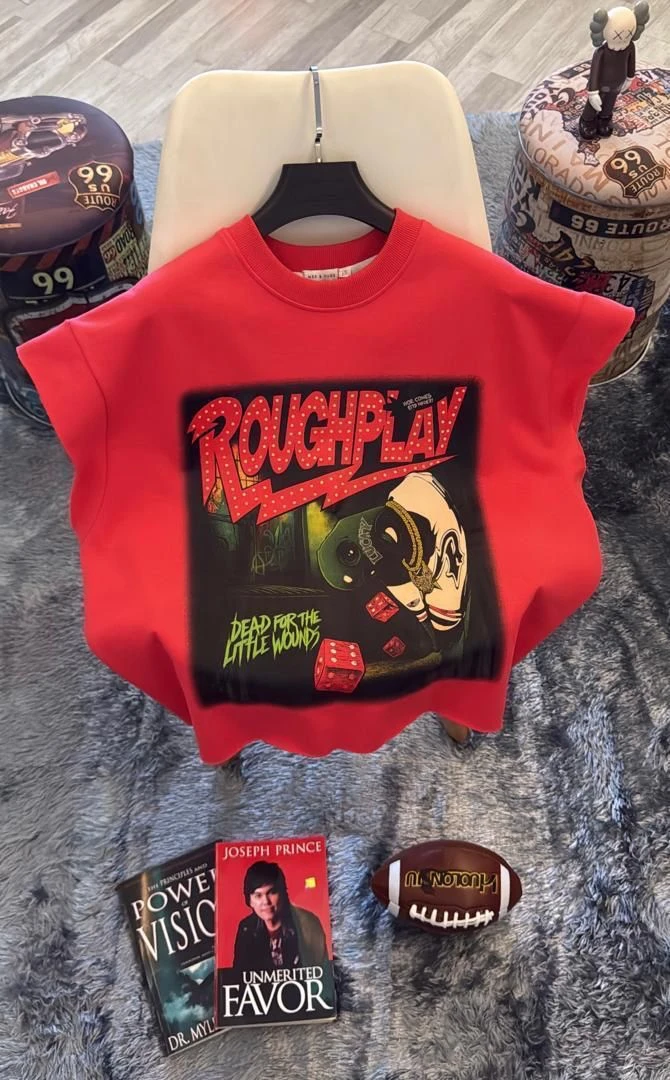 Unisex Red Roughplay Graphic Crewneck Top - Edgy Streetwear Sweatshirt Tee with Dice & Skateboard Print