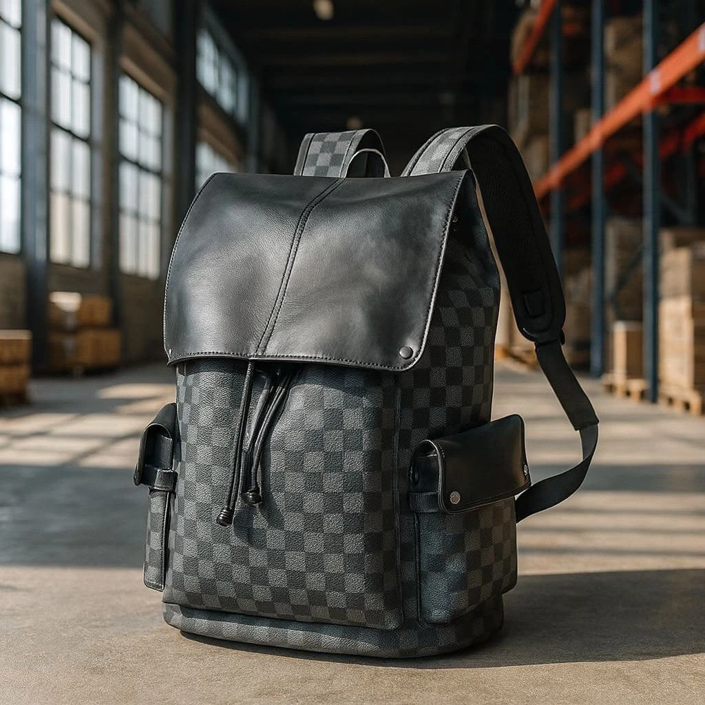 Stylish Grey Checkered Urban Backpack - Durable Faux Leather Travel and Everyday Rucksack with Padded Straps  Side Pockets for Work, School,  Adventures