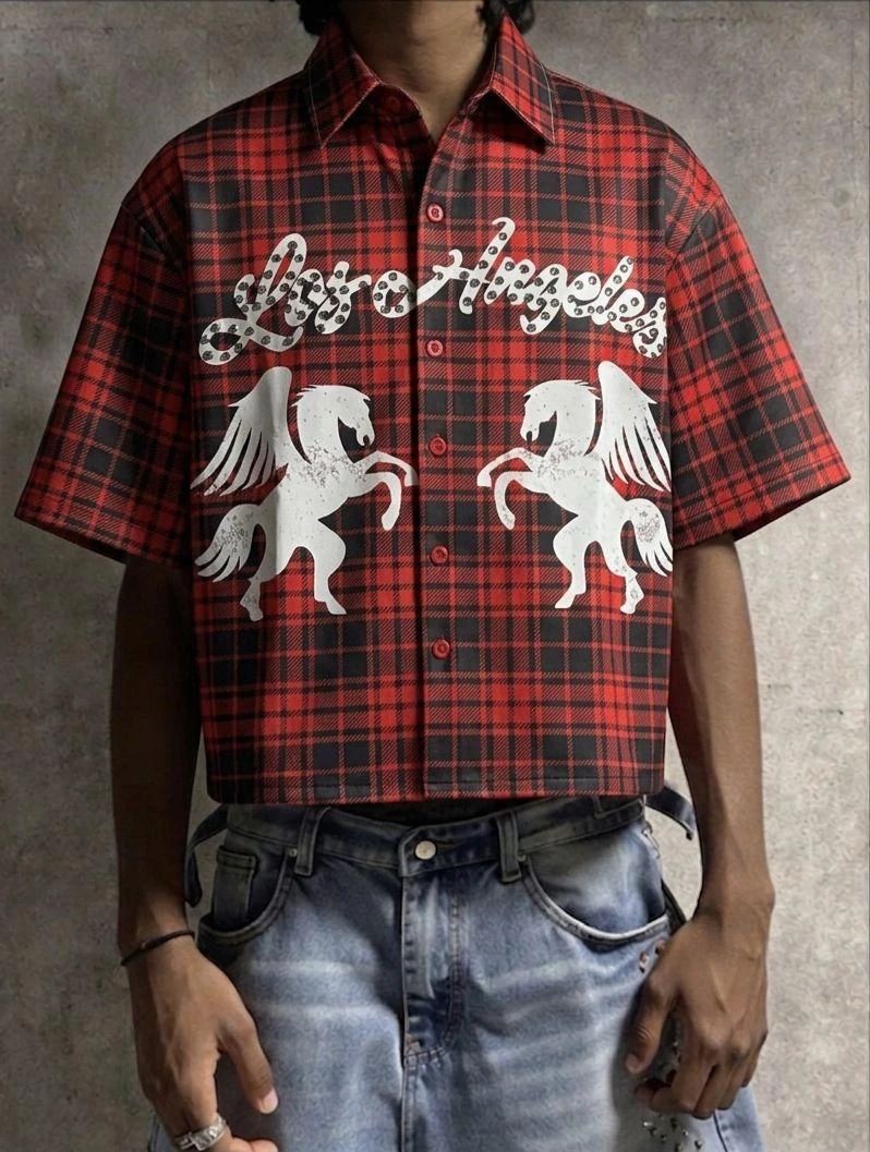 Men's & Unisex Blue Plaid Cropped Short Sleeve Shirt with Yellow RESG Embroidery - Stylish Casual Streetwear Button-Up Top