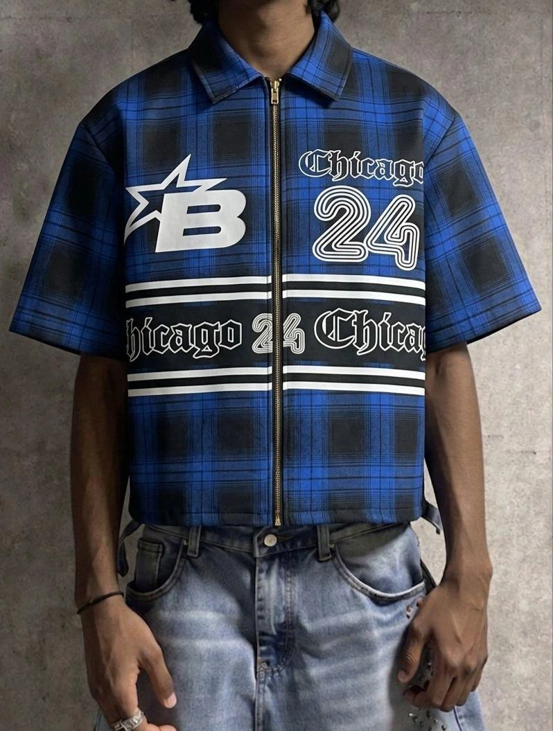 Men's & Unisex Blue Bleached Plaid Cropped Shirt - Rhinestone Flower Embellished Short Sleeve Button-Down for Stylish Streetwear