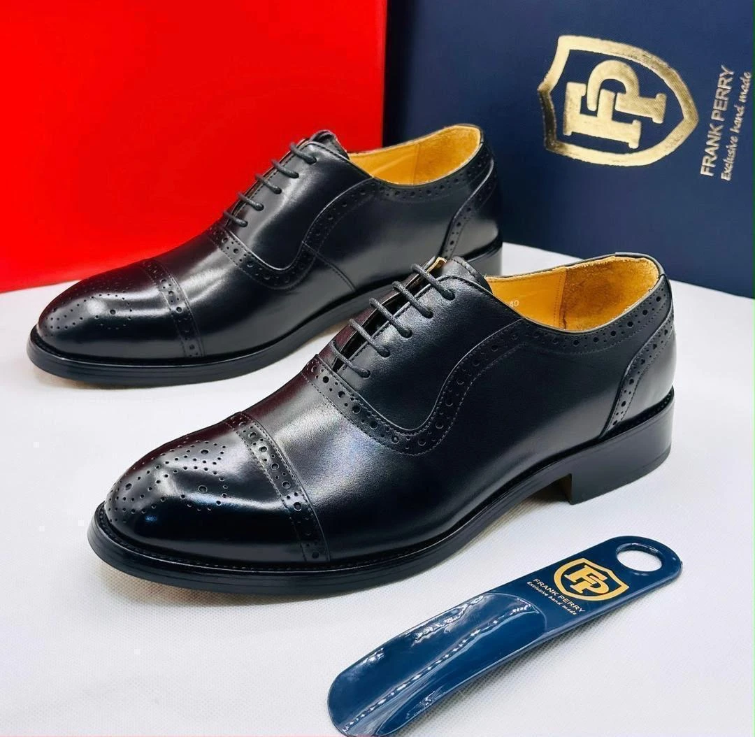 Men's Frank Perry Black Authentic Leather Brogue Oxford Dress Shoes - Premium Formal Footwear