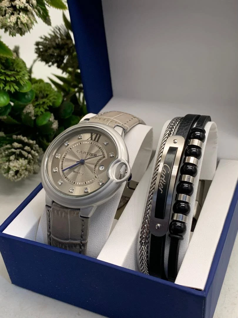 Cartier Men's Elegant Quartz Watch & Multi-Layer Bracelet Gift Set | Classic Roman Silver Dial, Black Leather Strap, Modern Engraved Design