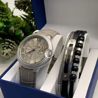 Cartier Men's Elegant Quartz Watch & Multi-Layer Bracelet Gift Set | Classic Roman Silver Dial, Black Leather Strap, Modern Engraved Design - View 2