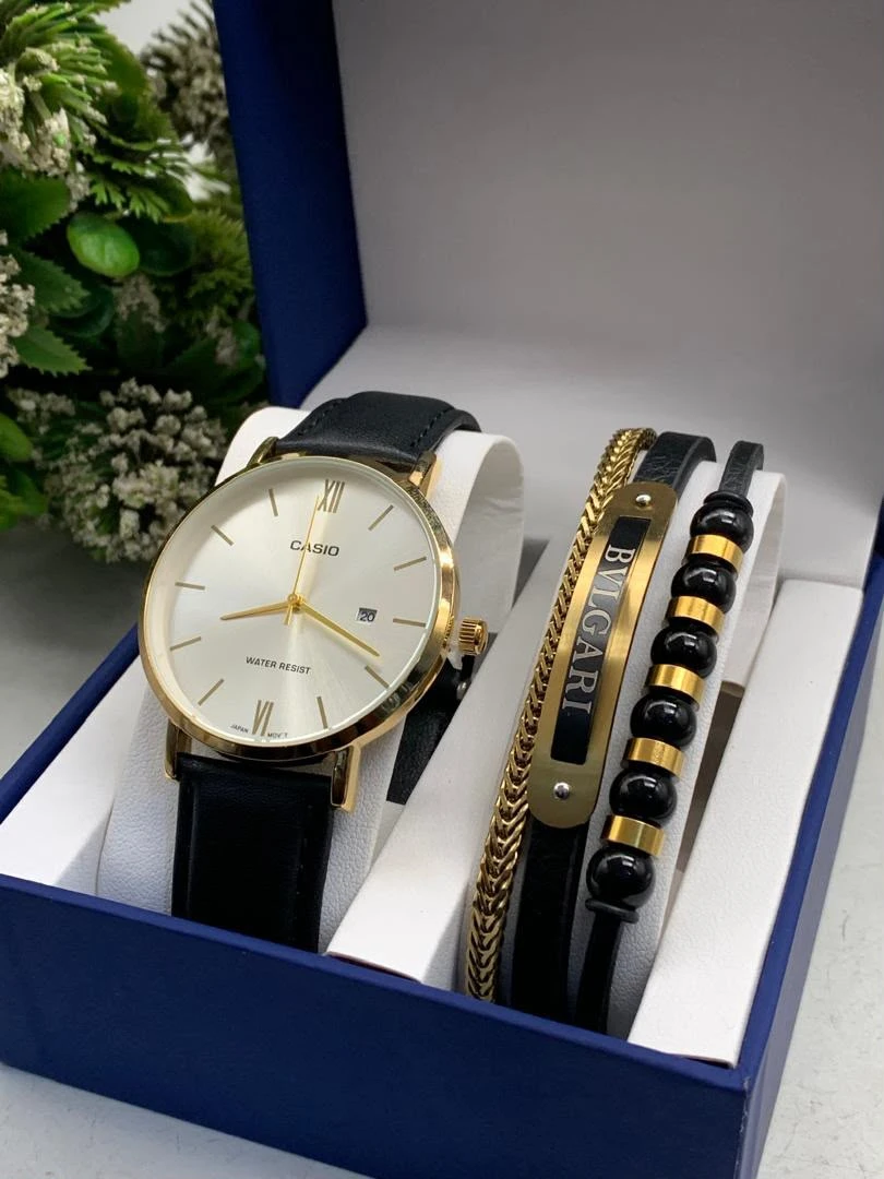 Men's Elegant Gold-Tone Casio Watch & Premium Layered Bracelet Gift Set - Classic Black Leather Strap, Water Resistant Timepiece with Stylish Accessories for Him