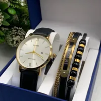 Men's Elegant Gold-Tone Casio Watch & Premium Layered Bracelet Gift Set - Classic Black Leather Strap, Water Resistant Timepiece with Stylish Accessories for Him - View 1