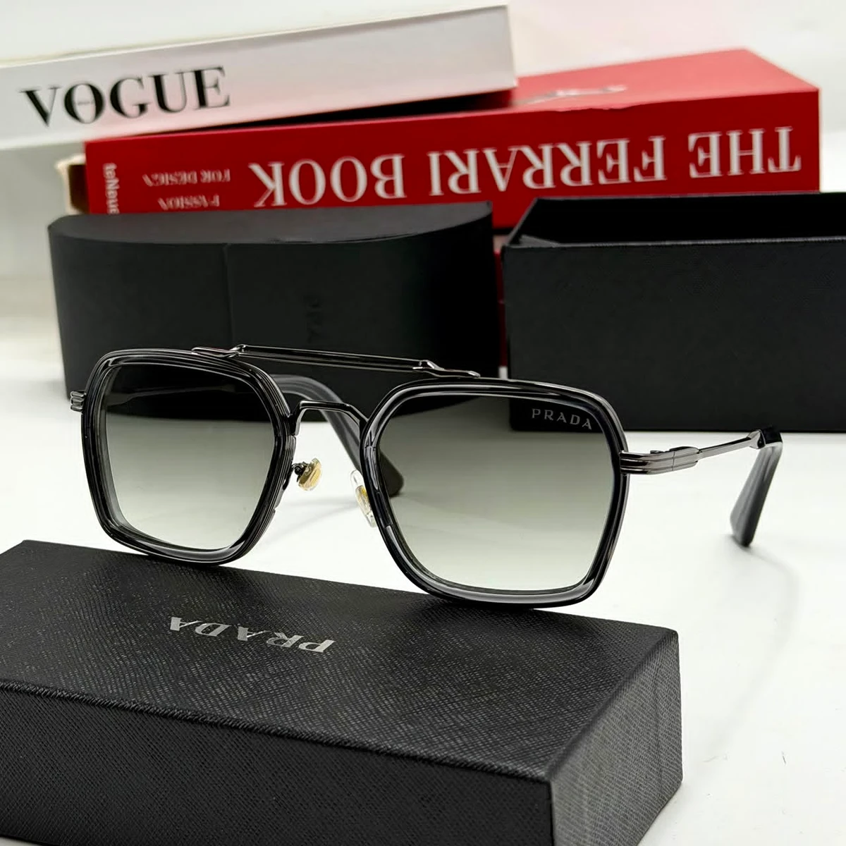 Prada Unisex Square Frame Gradient Lens Designer Fashion Sunglasses - Stylish Black Eyewear for Modern Looks