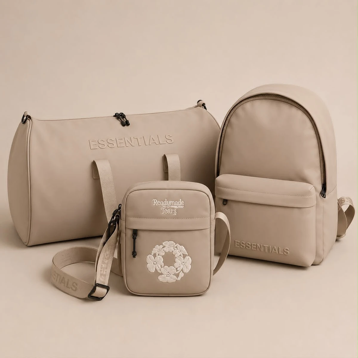 3 in 1 Essentials x Readymade Tears Neutral Beige Travel  Daily Bag Set - Stylish Duffel, Backpack, and Crossbody Shoulder Bag
