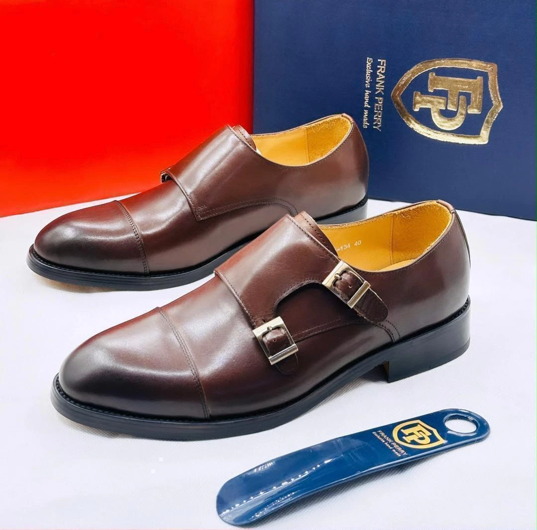 Frank Perry Men's Premium Brown Leather Double Monk Strap Dress Shoes - Hand-Crafted Cap Toe Formal Footwear